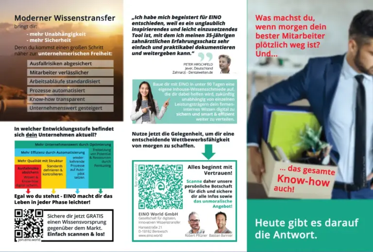 Vorderseite eines EINO-Flyers zur Demonstration von EINO QR-Codes auf Printprodukten